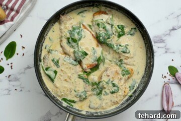 Creamy Florentine Chicken 8 Pan-seared chicken cutlets nestled into the creamy spinach Florentine sauce in a skillet.