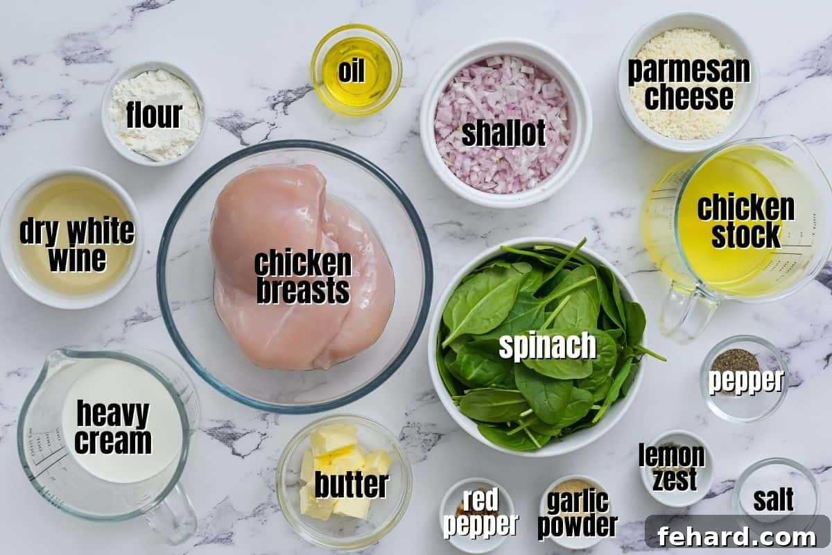 Florentine Chicken Ingredients Overview A vibrant selection of fresh ingredients neatly arranged on a kitchen counter, showcasing chicken breasts, fresh baby spinach, a shallot, dry white wine, heavy cream, Parmesan cheese, olive oil, and butter – all perfectly prepped for Chicken Florentine.