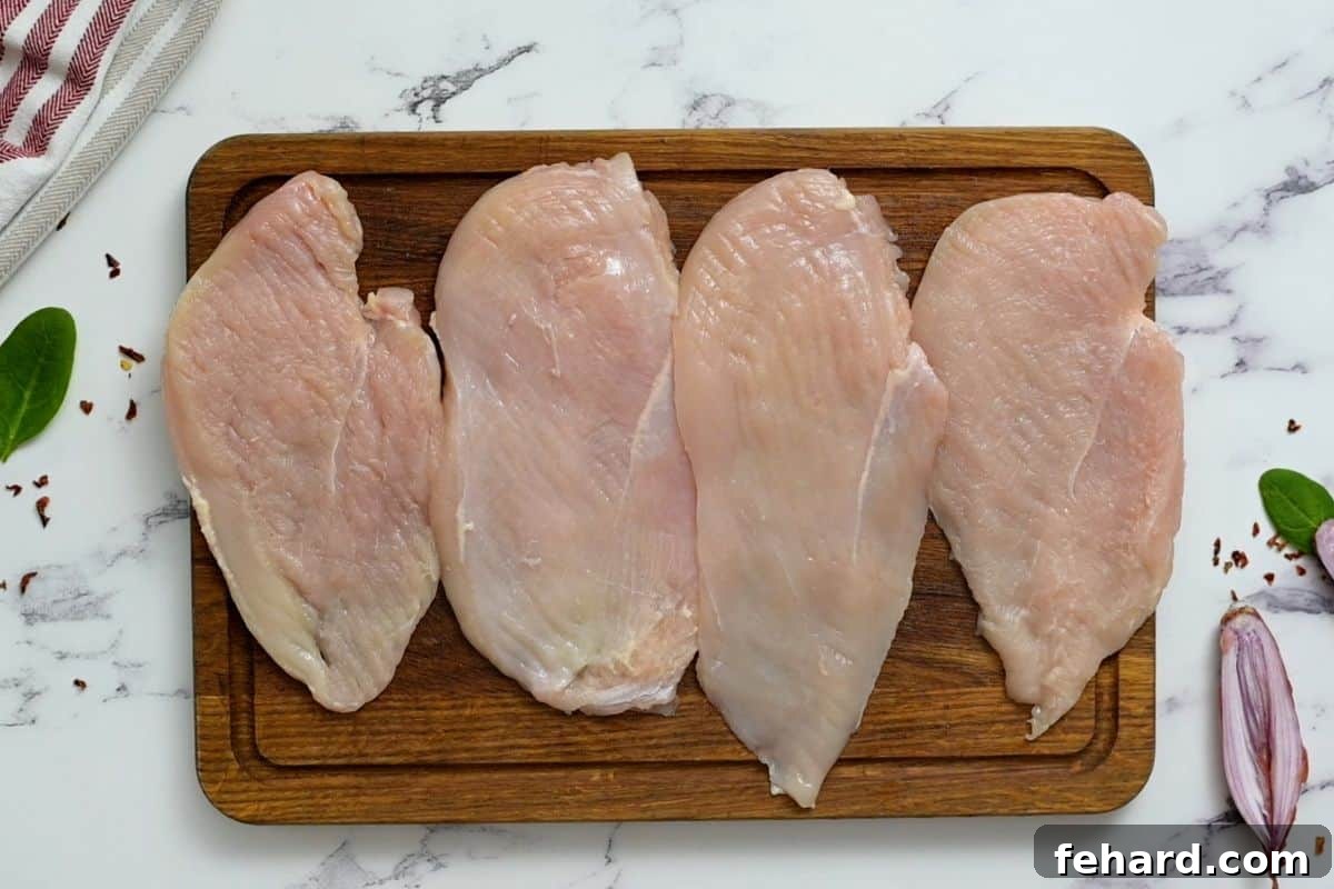 Pounding Chicken Cutlets for Florentine Perfection Four perfectly pounded chicken cutlets lying flat on a wooden cutting board, showcasing their consistent thickness, ready for seasoning and searing.