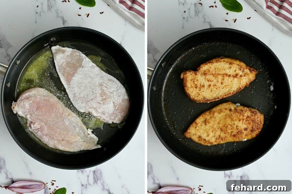 Searing Chicken for Optimal Flavor A visual comparison demonstrating chicken cutlets in a skillet both before and after being perfectly pan-fried to a golden-brown, crispy finish.