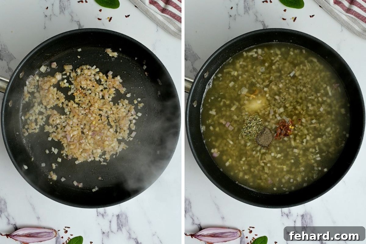 Deglazing the Pan for Rich Sauce Flavor Two images side by side: the first shows minced shallots gently sautéing in butter, and the second captures the moment white wine and chicken broth are added to deglaze the pan, creating the foundational flavors for the sauce.