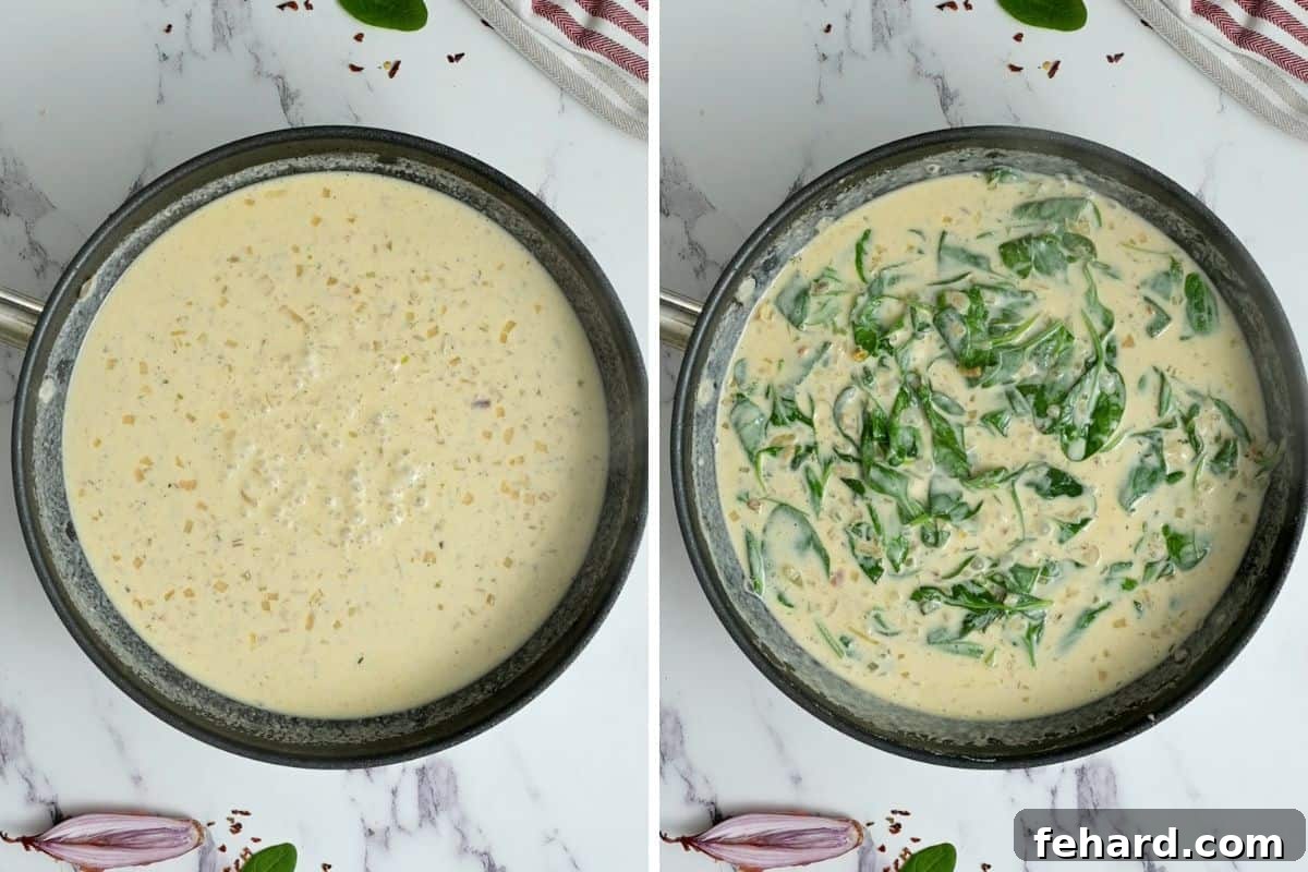 Creamy Spinach Florentine Sauce Creation A two-part image showing the evolution of the Florentine sauce: first, a rich, creamy Parmesan sauce simmering, followed by the addition of fresh baby spinach, gently wilting into the vibrant, luscious sauce.