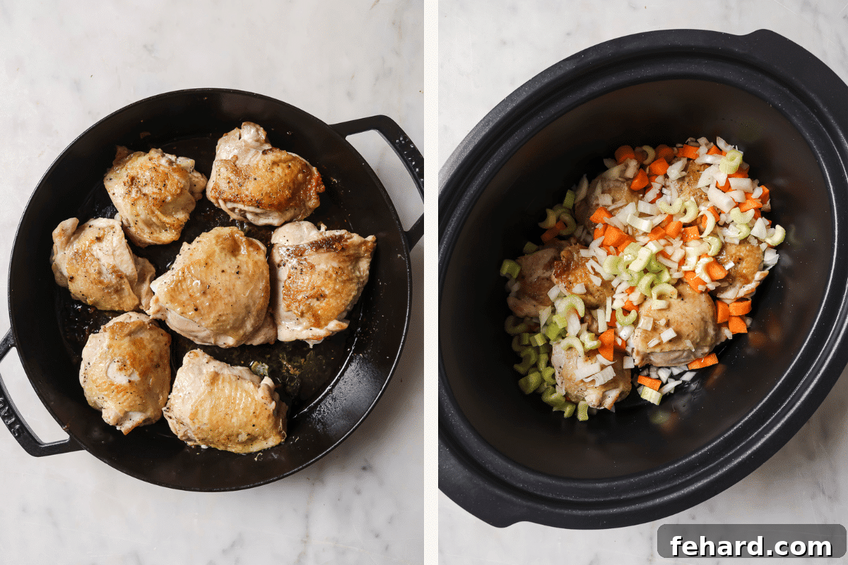Left: Chicken searing in a skillet. Right: Chicken and mirepoix vegetables in the slow cooker before cooking.