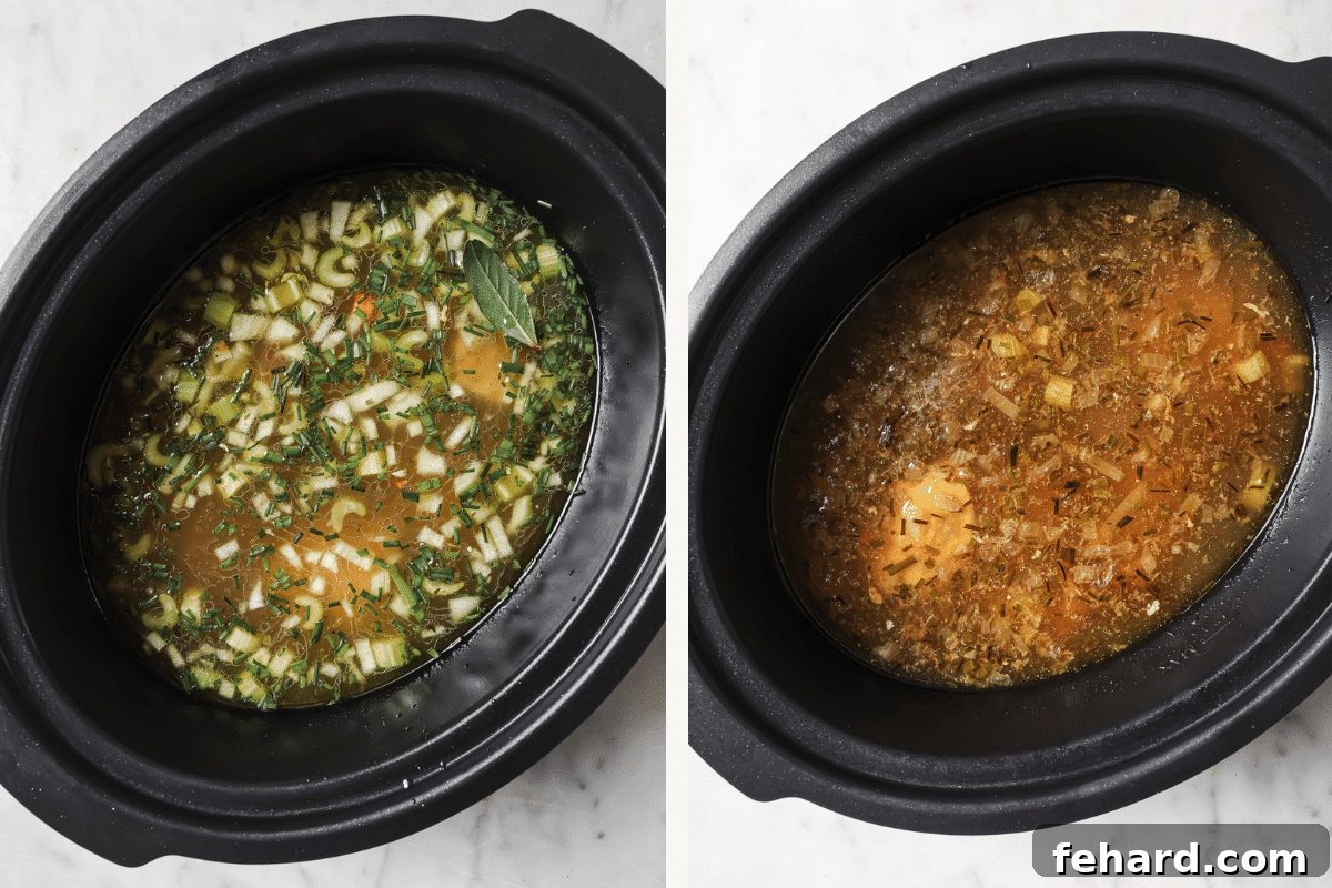 Left: Broth and herbs added to the slow cooker. Right: The same ingredients after slow cooking, with the chicken fully cooked.