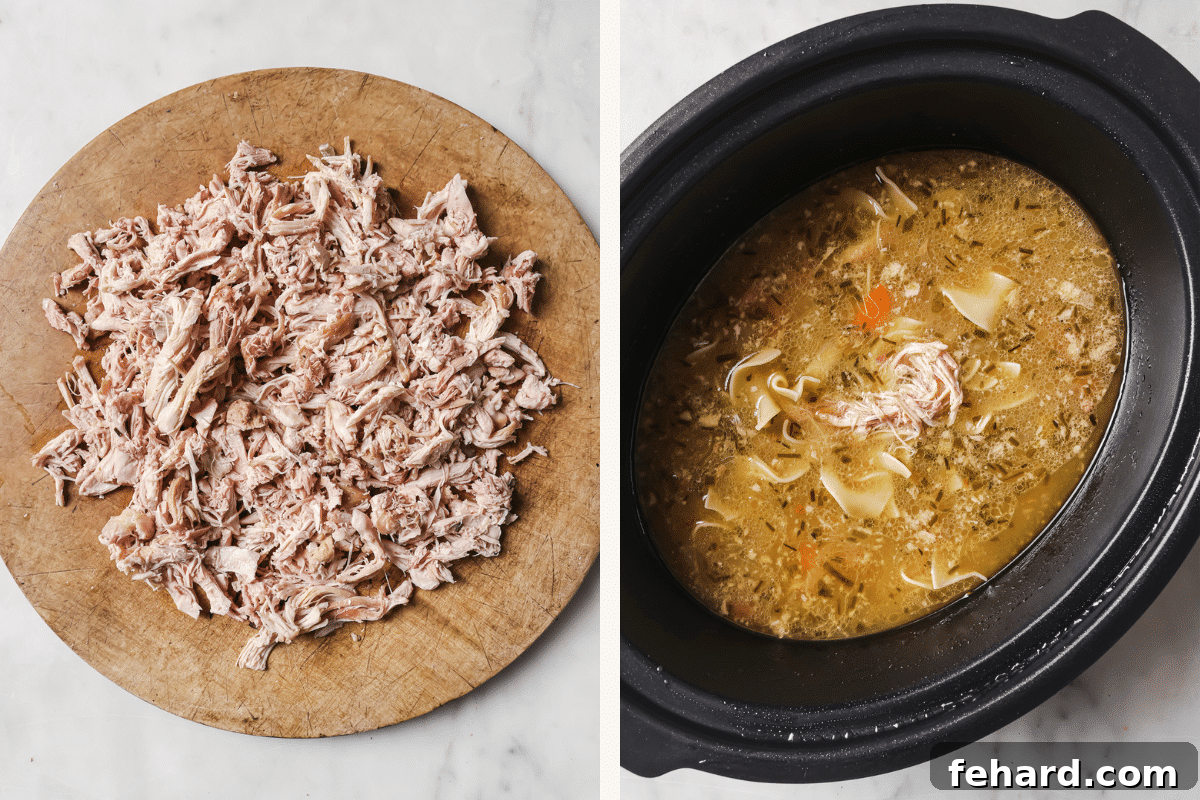 Left: A cutting board with shredded chicken. Right: Shredded chicken added back to the slow cooker with noodles.