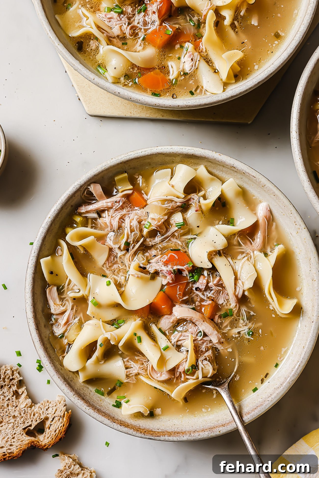 A bowl of slow cooker chicken noodles garnished with chives, invitingly presented.