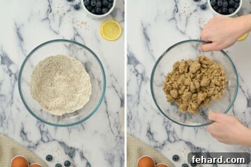 Side by side photo showing flour and brown sugar mixture before and after adding butter for streusel for cake.
