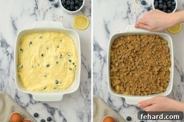 Side by side photos showing coffee cake batter spread in a cake pan, and then topped with the streusel crumb mixture before baking.