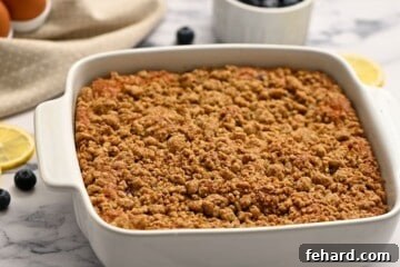 Baked Blueberry Coffee Cake with golden streusel in a white baking dish, fresh from the oven.