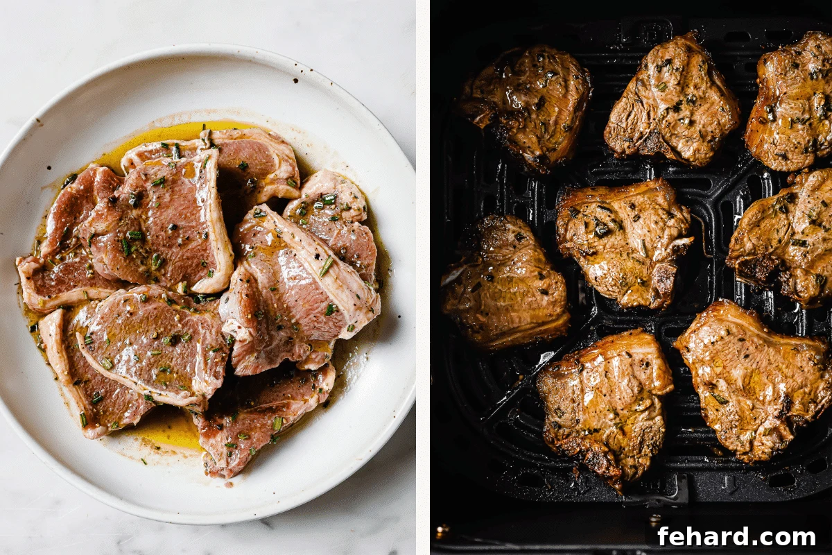Left: seasoned lamb chops in a bowl. Right: lamb chops in the air fryer.