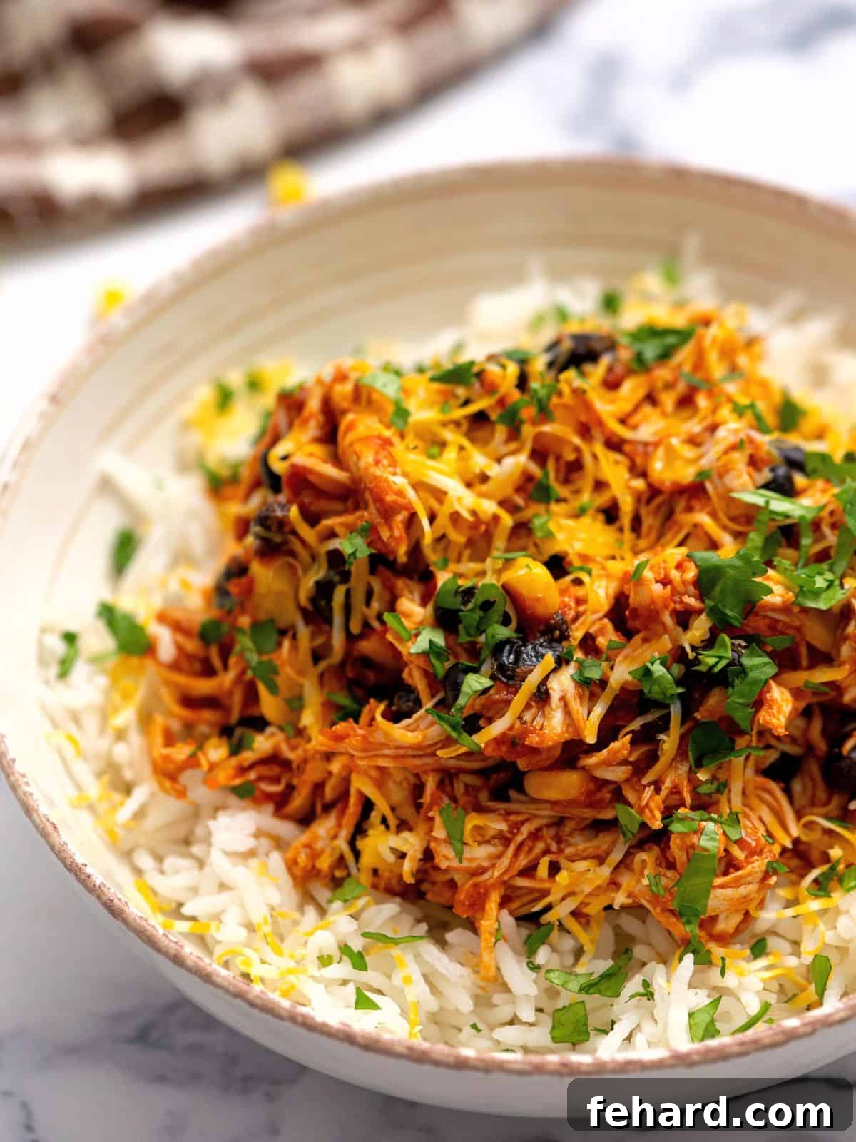 Crockpot Salsa Chicken served over rice, topped with cheese, and cilantro, highlighting a vibrant, delicious meal.