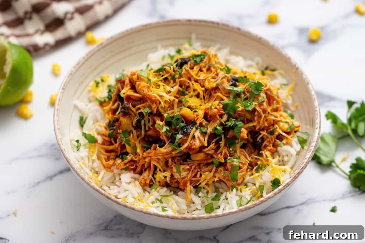 A vibrant bowl of rice topped with crockpot salsa chicken, garnished with fresh cilantro and melted cheese, showcasing a delicious meal idea.