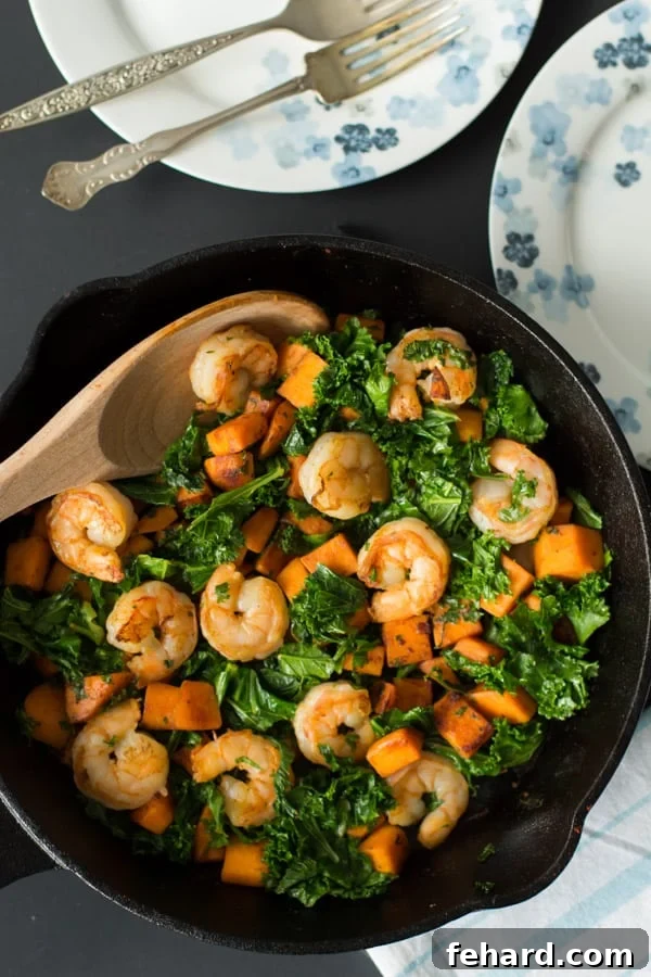 Original photo of Sweet potato, Kale and Shrimp skillet, rustic and appealing