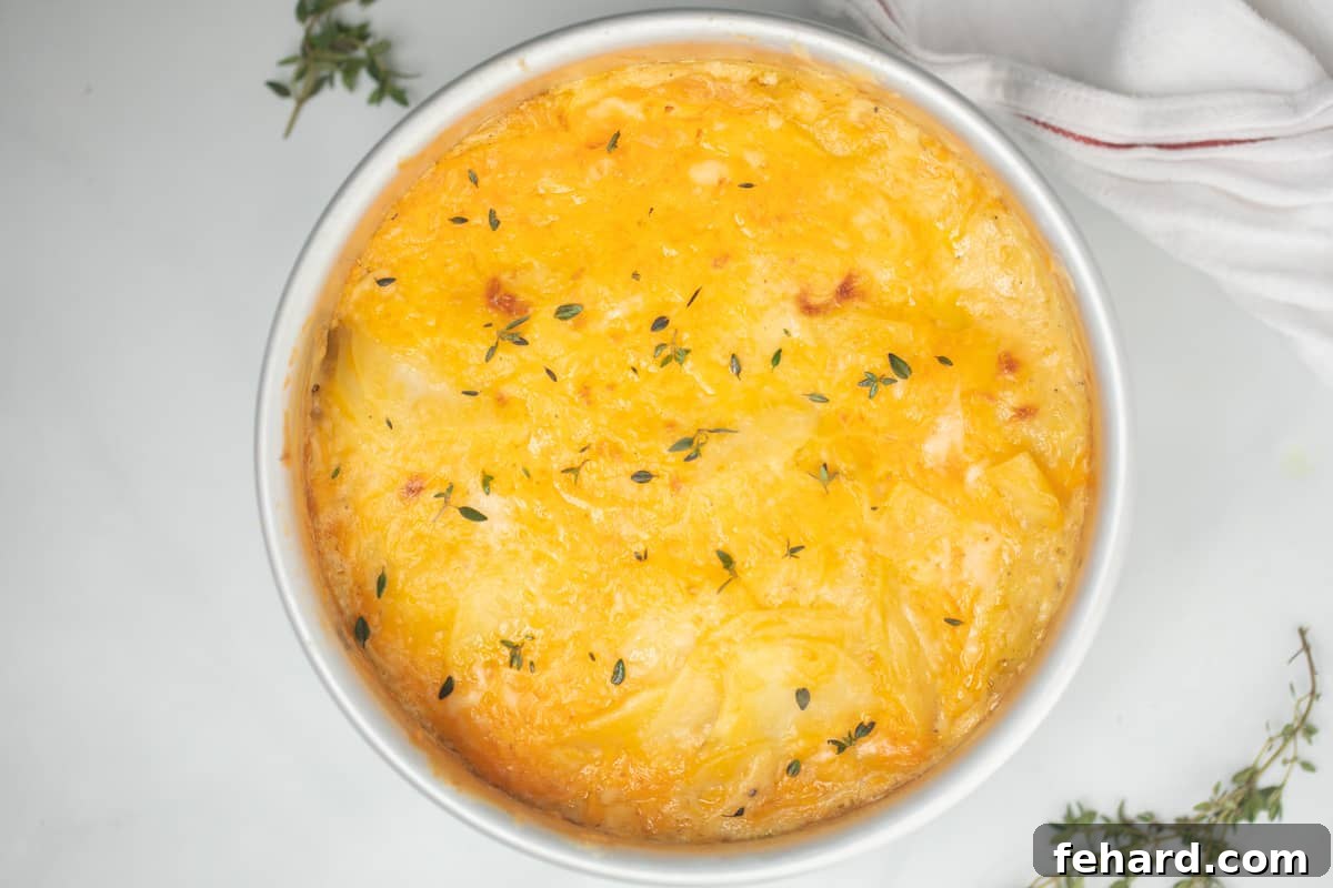 Pressure Cooker Scalloped Potatoes Recipe Finished Instant Pot Scalloped Potatoes in cake pan after pressure cooking topped with fresh thyme leaves.