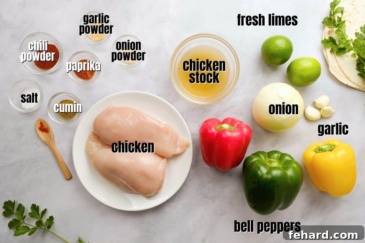 Individual ingredients for Instant Pot Chicken Fajitas laid out on a counter, clearly labeled for easy identification.