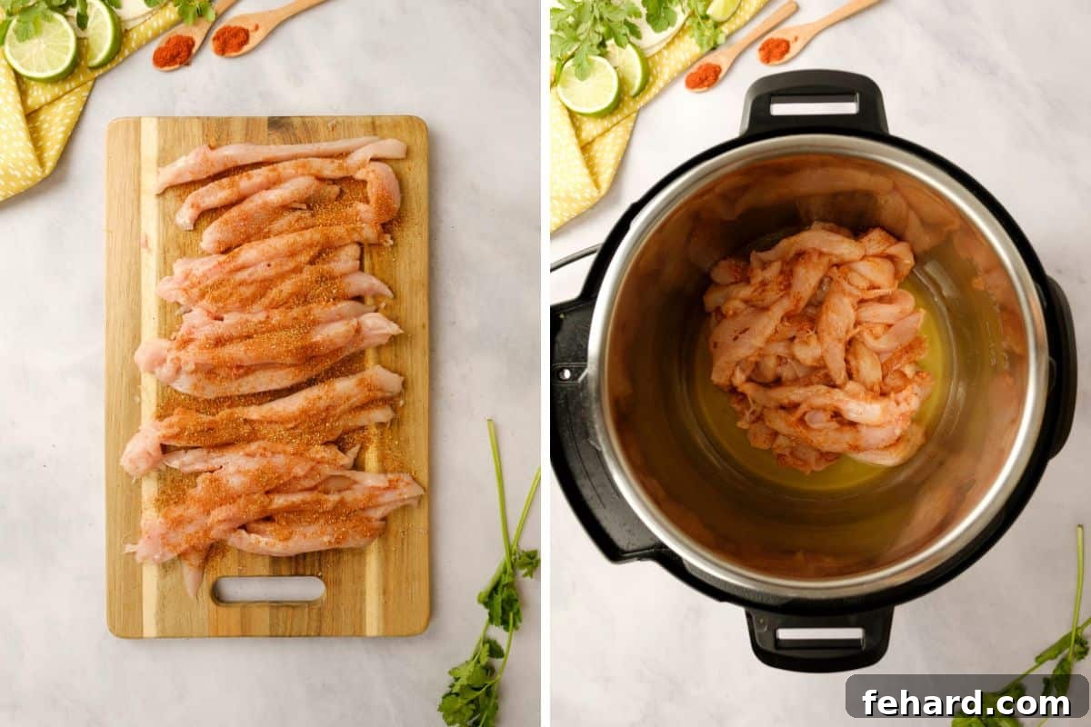 Side-by-side photo showing chicken strips seasoned with fajita seasoning on a cutting board, and then transferred into the Instant Pot liner.