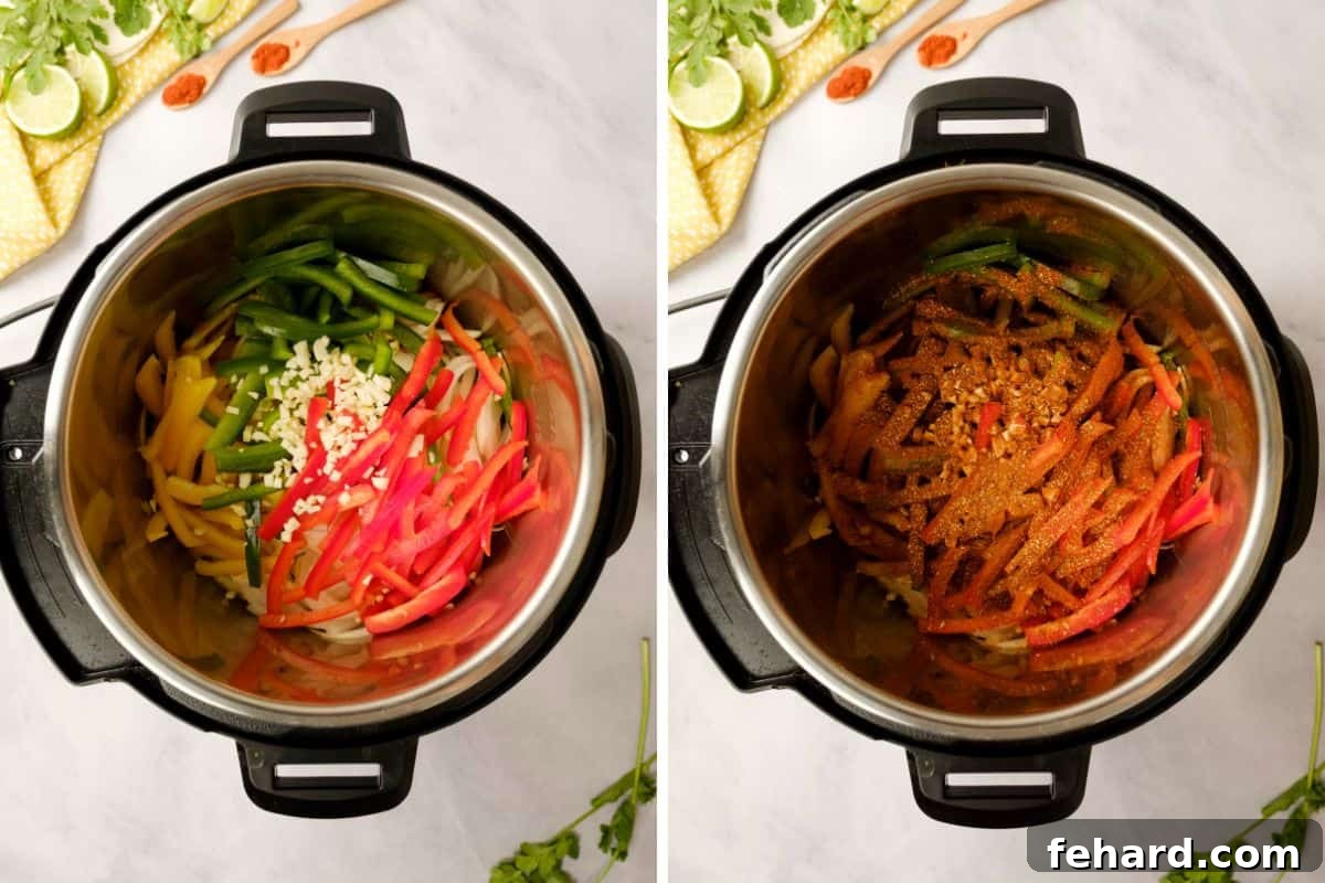 Instant Pot before and after adding fajita seasoning to the layered peppers and onions over chicken.
