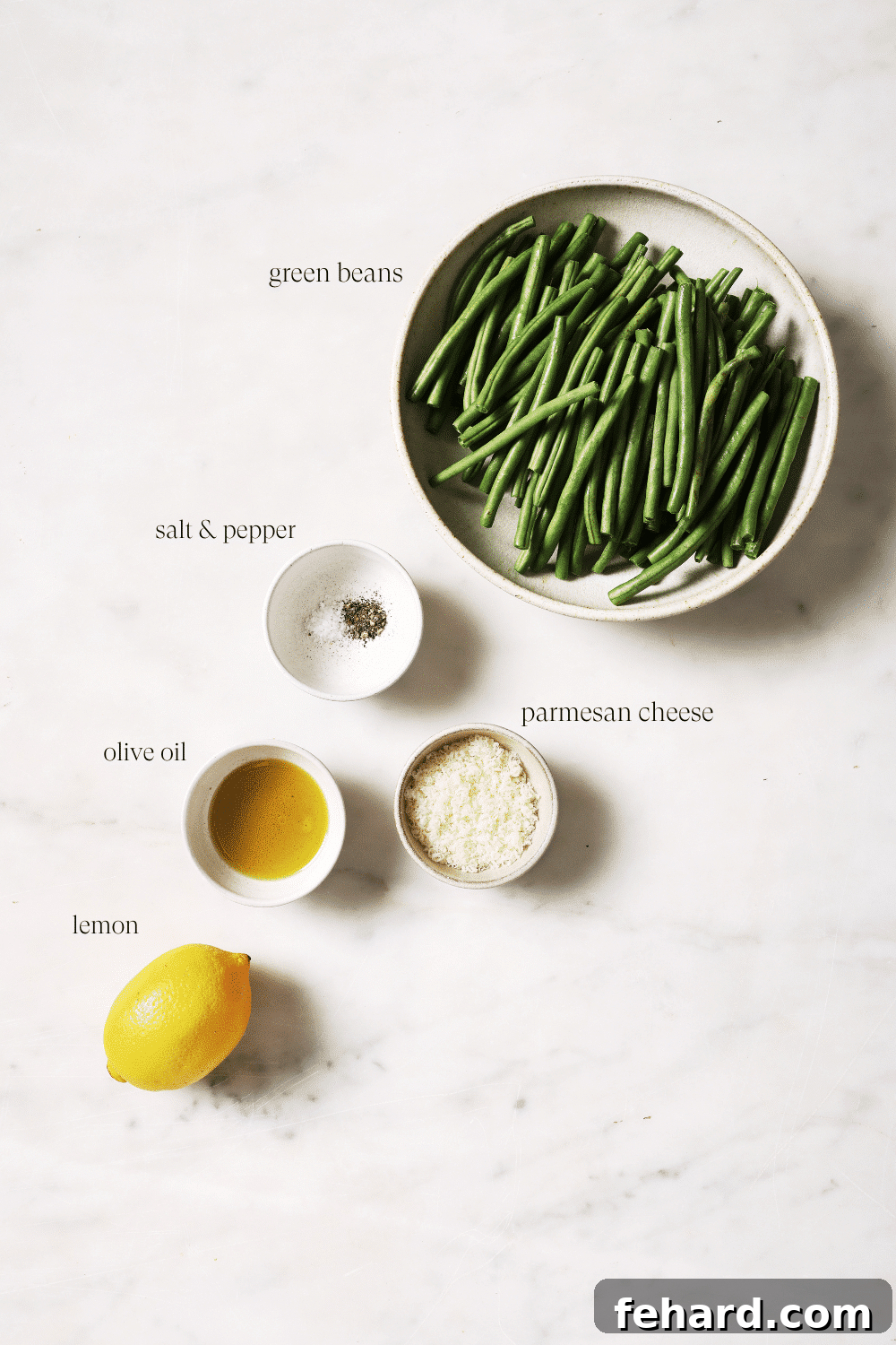 Crispy Air Fried Green Beans 3 Small bowls of pre-measured ingredients.