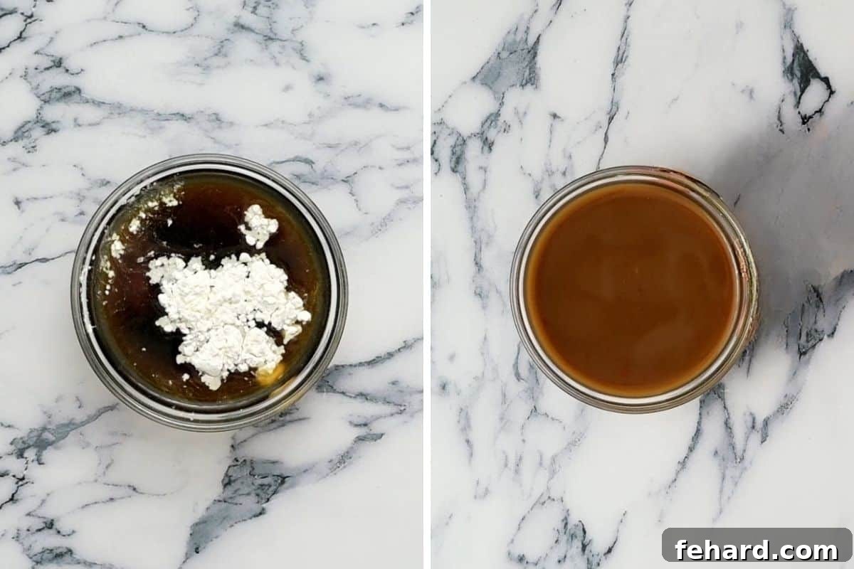 Homemade Hunan Sauce Recipe Two side-by-side images: one showing individual ingredients for Hunan sauce before mixing, and the other showing the perfectly whisked and smooth Hunan sauce in a bowl.