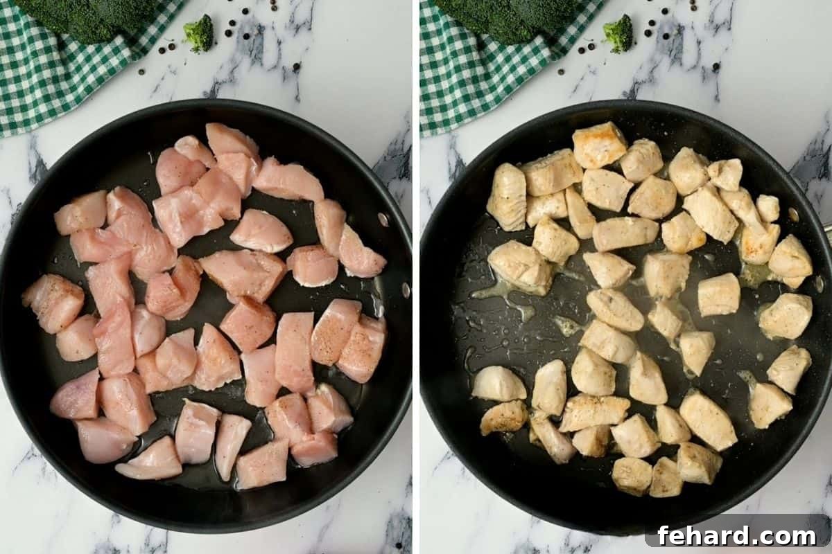 Copycat Hunan Chicken Side-by-side comparison: Raw cubed chicken seasoned, next to perfectly browned and seared chicken pieces in a large skillet, ready to be removed.
