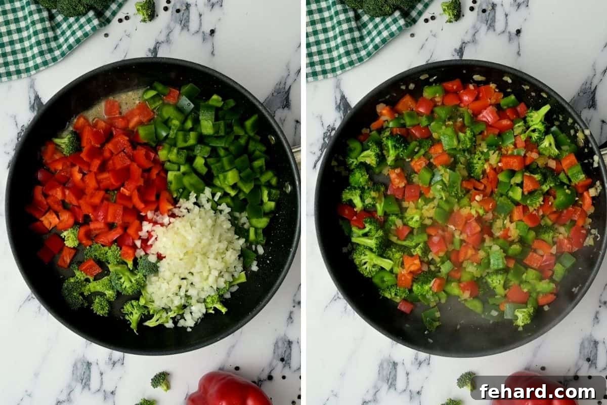 Hunan Chicken with Veggies Two images side-by-side: Fresh, chopped vegetables ready for cooking, followed by the same vegetables expertly sautéed in a pan until crisp-tender.