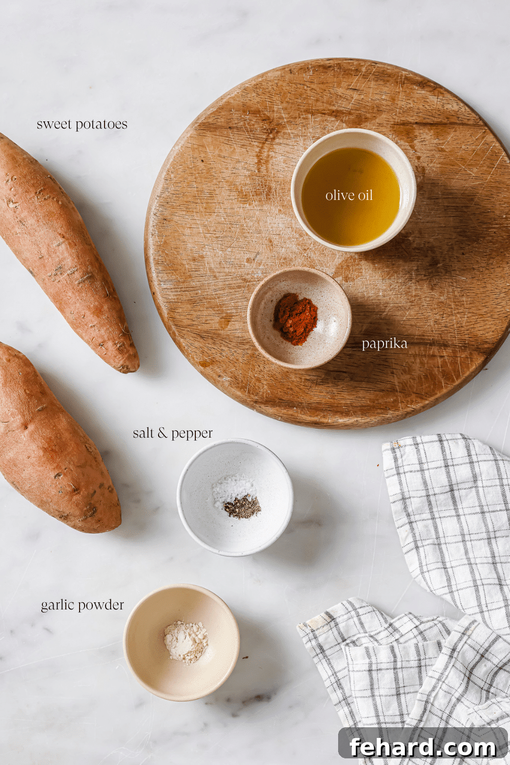 Crispy Air-Fried Sweet Potato Perfection 3 Small bowls of pre-measured ingredients.