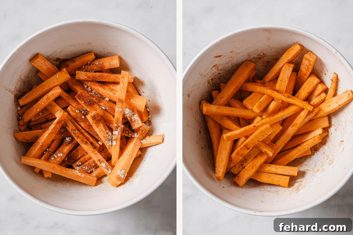 Crispy Air-Fried Sweet Potato Perfection 5 Left: Sweet potato sticks in a bowl with seasoning. Right: sticks and seasoning tossed together.
