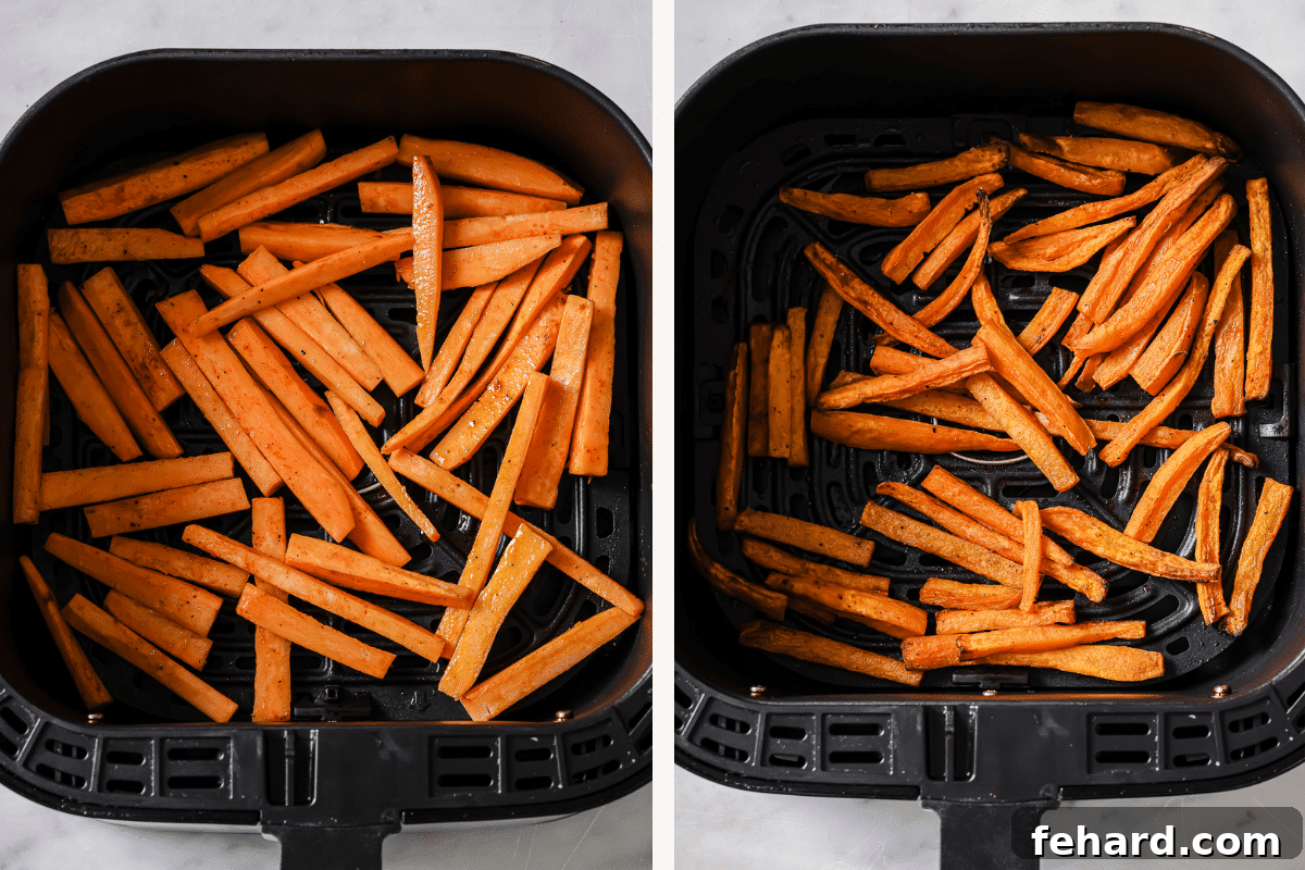 Crispy Air-Fried Sweet Potato Perfection 6 Left: sweet potato sticks in air fryer basket. Right: cooked fries in the same basket.