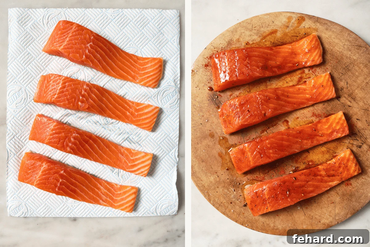Left: Raw, uncooked trout fillets on a cutting board. Right: Trout fillets seasoned with spices, ready for the air fryer.