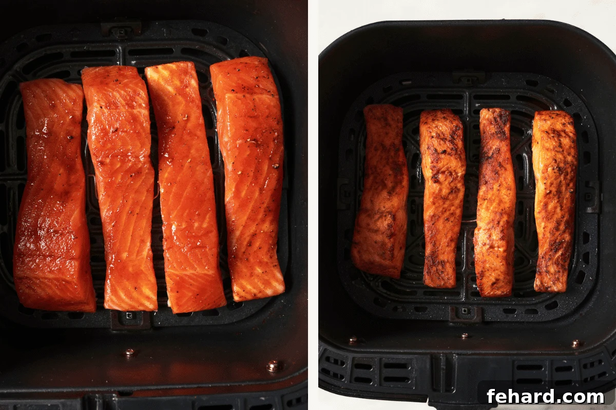 Left: Trout fillets arranged in the air fryer basket before cooking. Right: Fully cooked, golden-brown trout fillets after air frying.