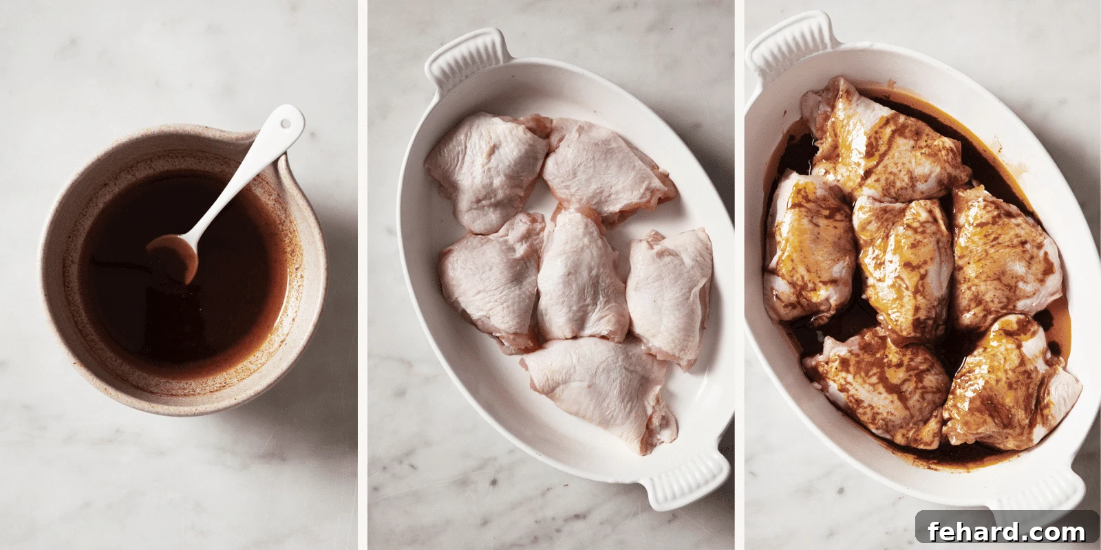 One-Pan Garlic Herb Chicken and Potatoes 4 Left image shows the rich marinade prepared in a bowl. Center image shows bone-in, skin-on chicken thighs neatly arranged in a baking dish. Right image illustrates the savory marinade being drizzled over the chicken, preparing it for roasting.