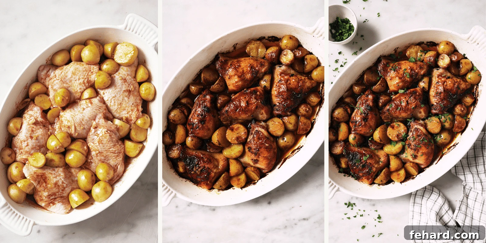 One-Pan Garlic Herb Chicken and Potatoes 5 Left image shows cubed potatoes being added to the baking dish with marinated chicken. Center image presents the gloriously cooked chicken and potatoes, golden and tender. Right image captures the final touch of fresh parsley, adding vibrancy and aroma.