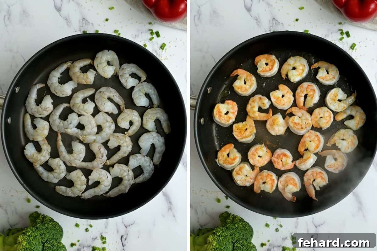 Recipe for Easy Shrimp Stir Fry Side-by-side photo showing raw, pinkish-grey shrimp ready for cooking, and then perfectly sauteed, opaque, and curled shrimp in a skillet.