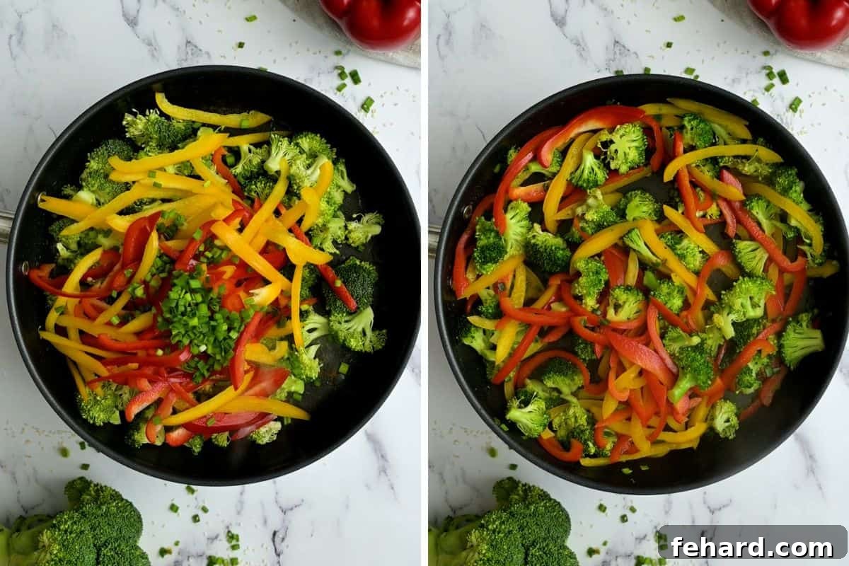 Vegetable Shrimp Stir Fry Side-by-side photo showing raw broccoli, bell peppers, and green onions in a skillet, followed by the same vegetables perfectly sautéed to crisp-tender perfection.