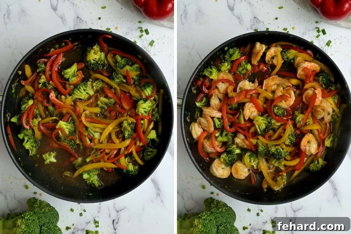 Easy Stir Fry with Shrimp Side-by-side photos demonstrating vegetables coated in thickened stir fry sauce, and then the final dish with shrimp added back and tossed for even coating.