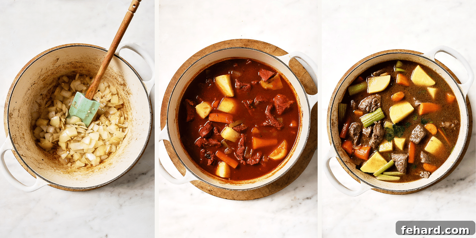A visual progression of the stew preparation: from sautéed onions, to all ingredients combined before simmering, to the finished, richly simmering Guinness Beef Stew in a large pot.