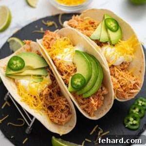 Shredded Mexican Chicken served on three flour tortillas, topped with shredded cheese, avocado, and sour cream.