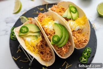 Shredded Mexican Chicken served on three flour tortillas, topped with shredded cheese, avocado, and sour cream.
