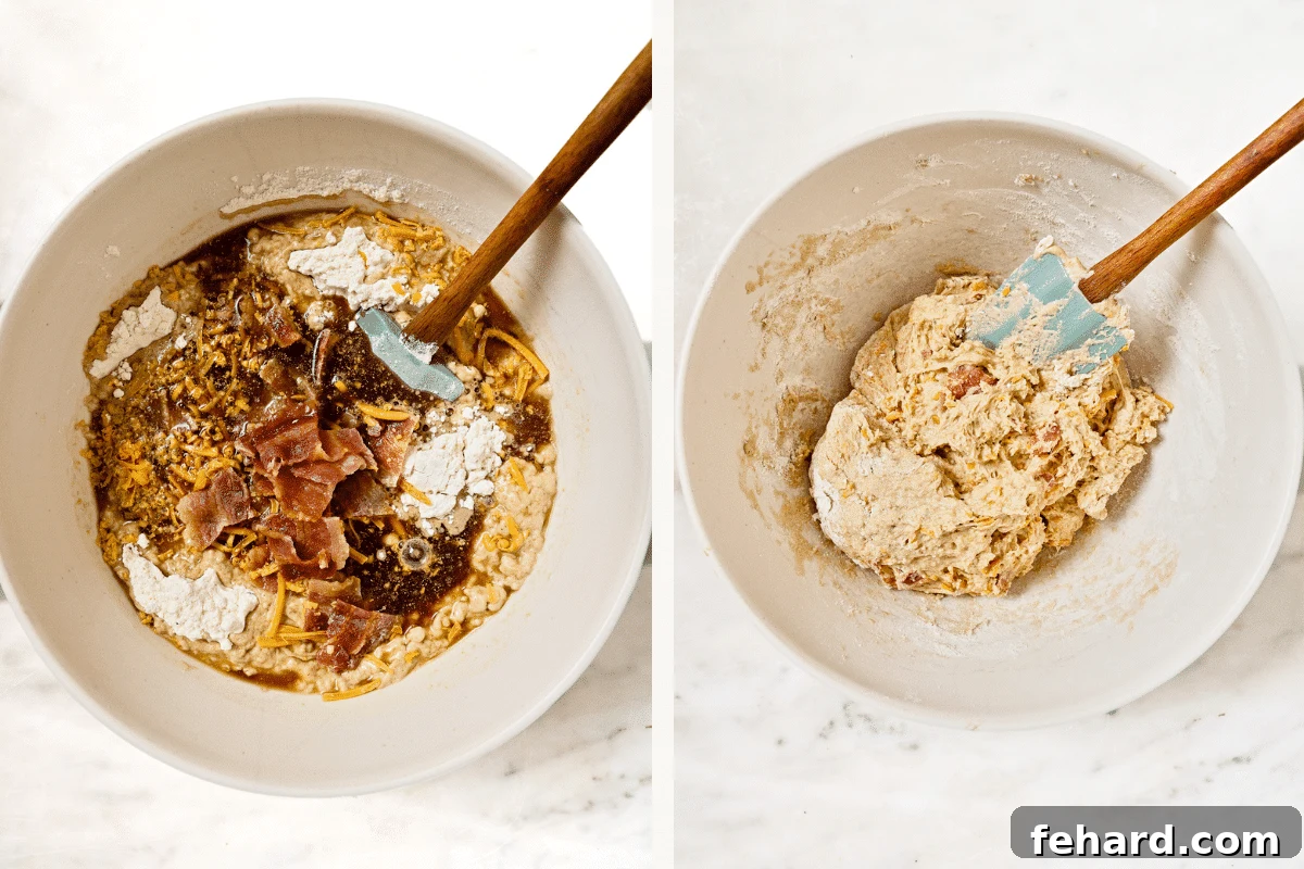 Left: Dry ingredients in a mixing bowl with a well for wet ingredients. Right: All ingredients mixed together into a thick, cohesive beer bread dough.