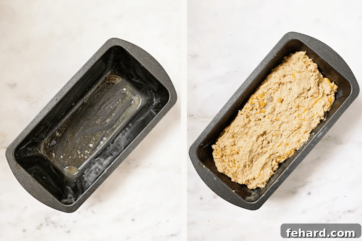 Left: A greased loaf pan ready for the beer bread dough. Right: The beer bread dough expertly poured into the loaf pan, smoothed and ready for its toppings.