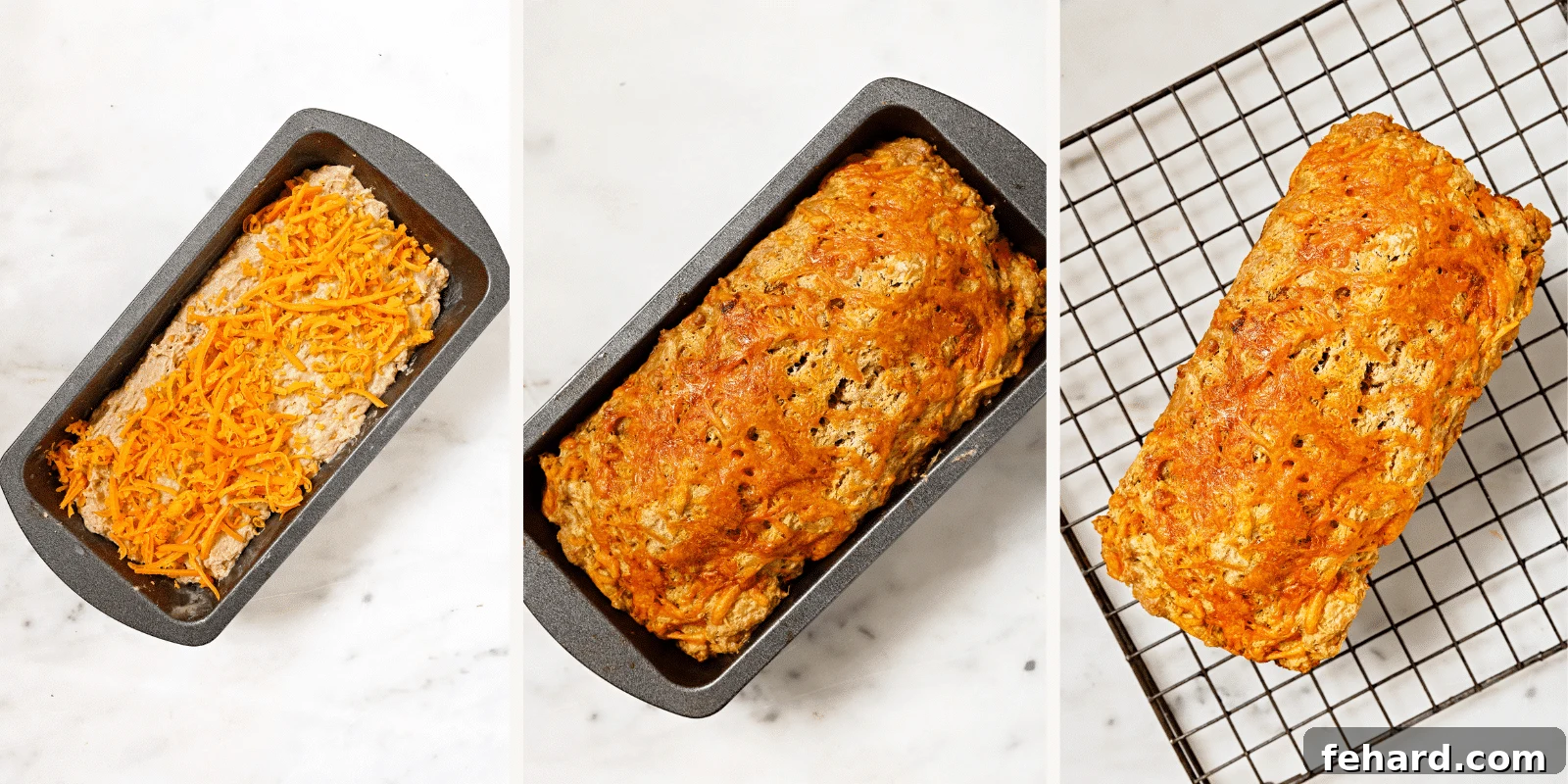 Left: Unbaked beer bread topped with cheese and butter. Center: A perfectly baked, golden-brown loaf of beer bread fresh from the oven. Right: The finished beer bread cooling on a wire rack.