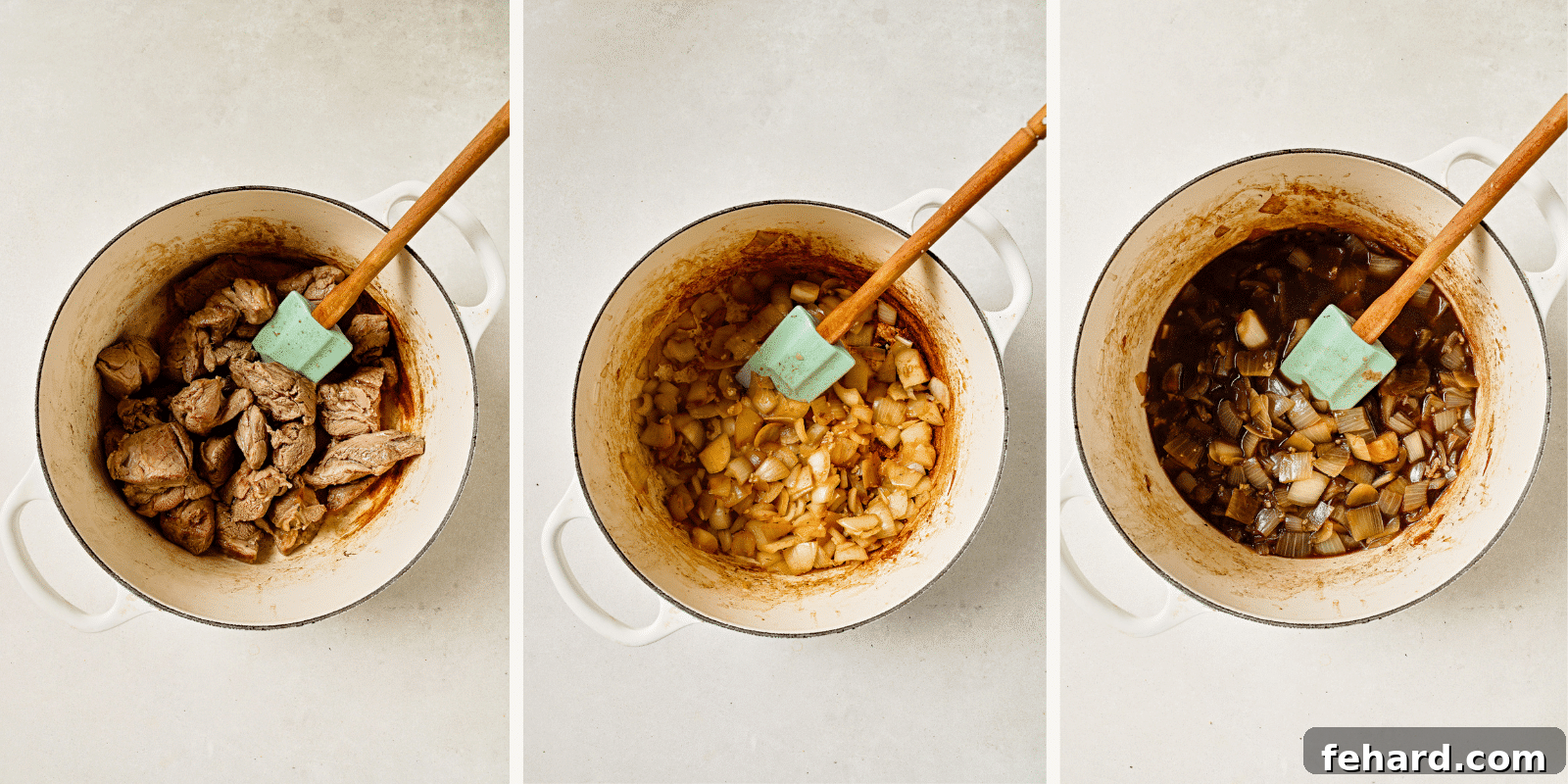 Left: lamb searing in pot. Center: onions sautéing in pot. Right: Guinness added to onions.