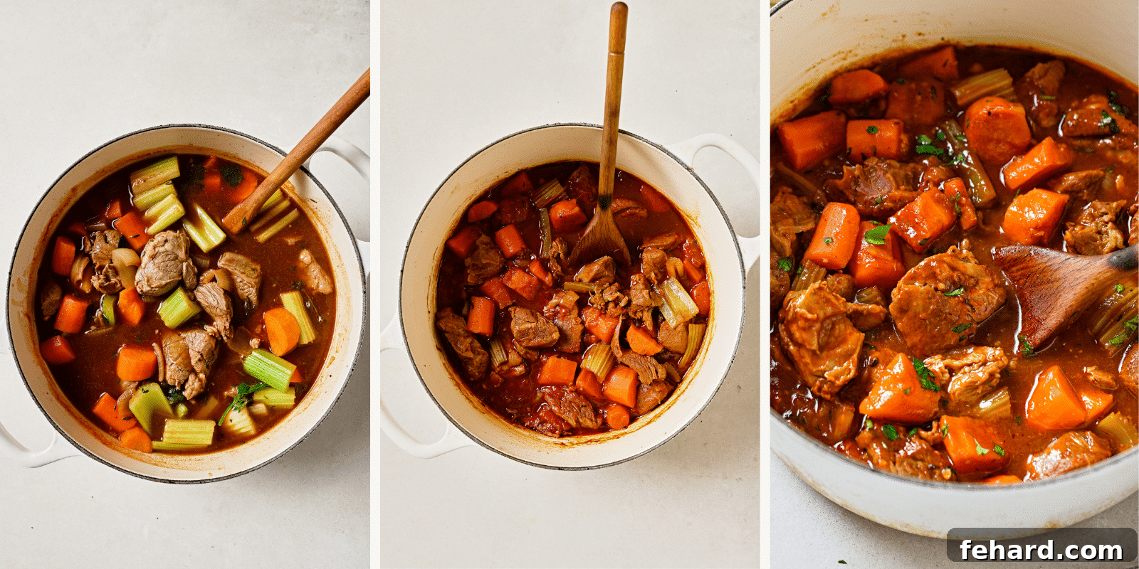 Left: all ingredients in a pot. Center: simmered stew. Right: a pot of finished stew.