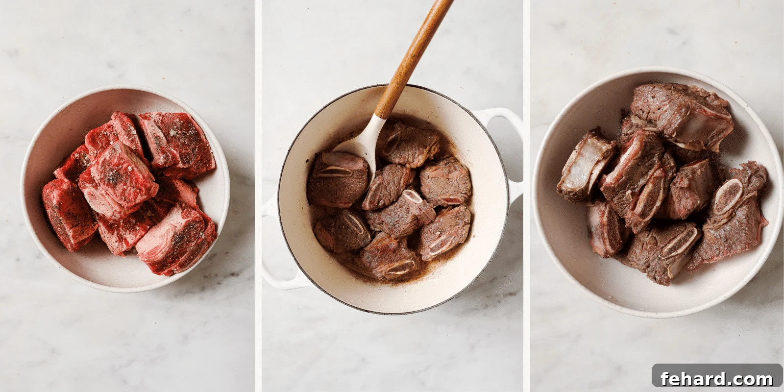 Left: seasoned short ribs. Center: Ribs searing in Dutch oven. Left: cooked ribs in a bowl. 