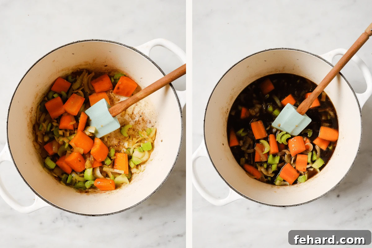 Left: vegetables sautéing in a pot. Right: Guinness beer added to the pot. 
