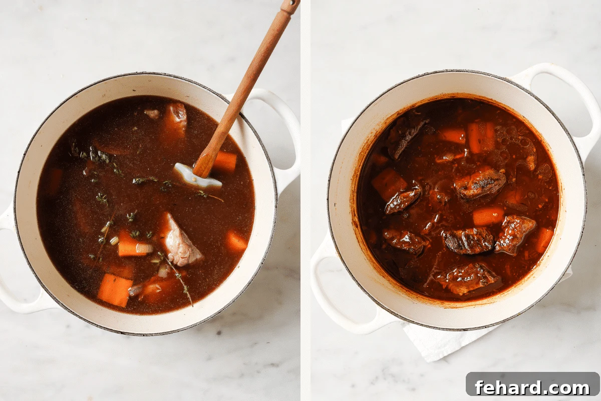 Left: all ingredients mixed together. Right: short ribs once they've braised. 