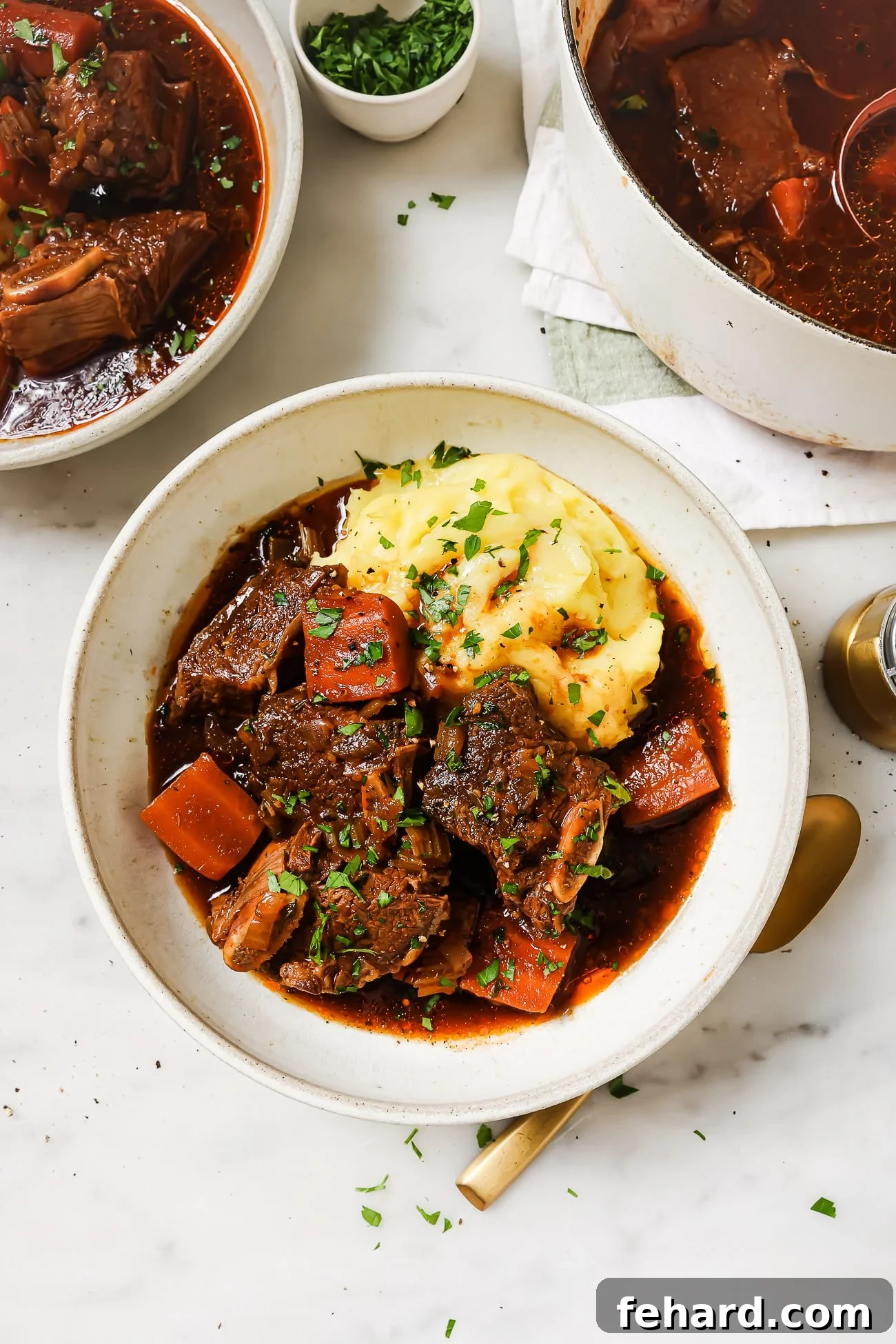 Guinness braised short ribs over mashed potatoes in a white bowl. 