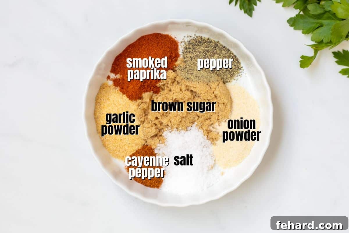 Ingredients for Homemade Dry Rub Labeled on Counter, showing various spices.