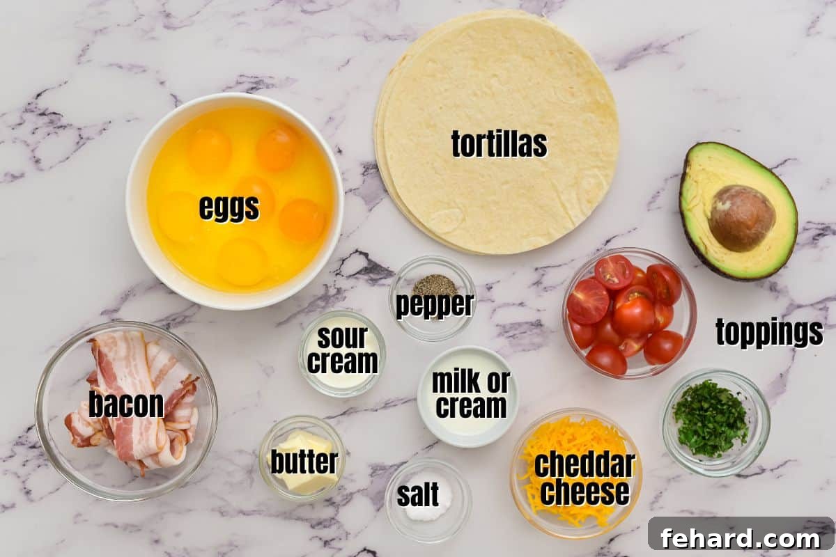 Labeled ingredients for breakfast tacos, including eggs, bacon, cheese, tortillas, and various toppings, neatly arranged on a kitchen counter.