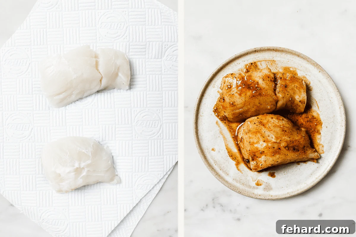 Left image shows cod fillets being patted dry with a paper towel. Right image shows seasoned cod fillets resting on a white plate, ready for cooking.